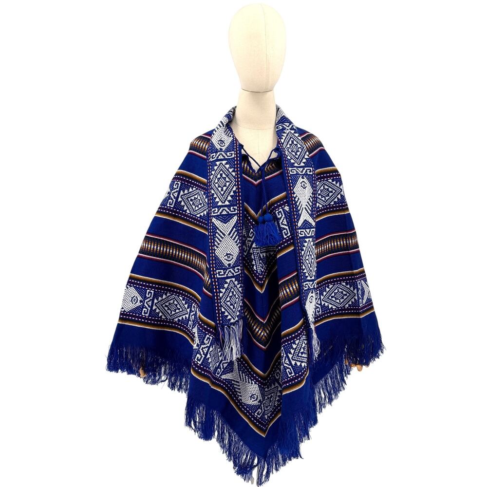 South American Blue Woven Geometric Fish Motif Tassel Fringe Poncho